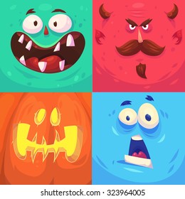 Cartoon monster faces vector set. Cute square avatars and icons