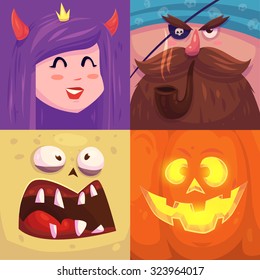 Cartoon monster faces vector set. Cute square avatars and icons