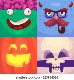 Cartoon monster faces vector set. Cute square avatars and icons