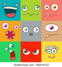 cartoon monster faces vector set. cute square avatars and icons