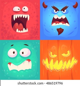 Cartoon monster faces vector set. Cute square avatars and icons. Halloween illustration. Halloween cardposter. Vector stock illustration.