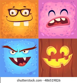 Cartoon monster faces vector set. Cute square avatars and icons. Halloween illustration. Halloween cardposter. Vector stock illustration.