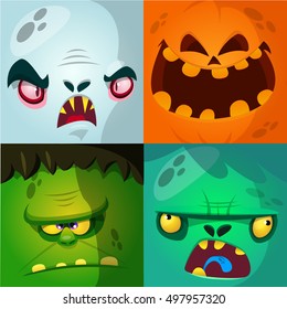 Cartoon Monster Faces Vector Set. Cute Square Avatars And Icons. Monster, Pumpkin Face, Vampire, Dracula, Zombie