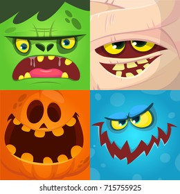 Cartoon monster faces vector set. Cute square avatars and icons. Monster, pumpkin face, mummy, zombie