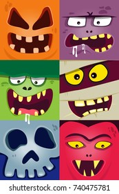 Cartoon monster faces vector set. avatars icons. Monster, pumpkin face, mummy, zombie