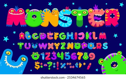 Cartoon monster font, bugaboo type, bogle typeface, scarecrow alphabet vector typography of funny Halloween aliens, fantasy animals, dragons. Cute monster characters in shape of letters and numbers