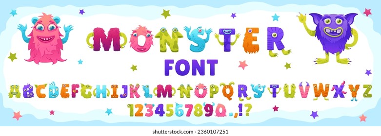 Cartoon monster font. Funny creatures ABC, playful crazy characters letters and numbers. Colorful alphabet symbols for kids vector set. Colorful furry beasts with scary faces for children