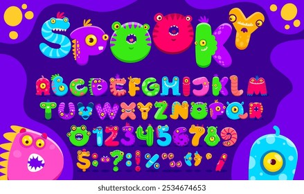 Cartoon monster font, funny scarecrow type, bugaboo typeface, bogle alphabet vector typography. Cute letters and numbers font with Halloween alien, fantasy dragon animal and germ monster characters