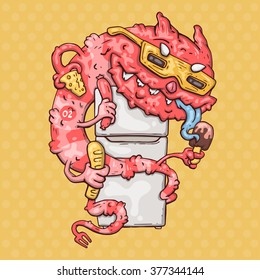 cartoon monster with a fridge