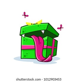 Cartoon monster gift box with teeth and tongue on white background. Vector image to create original web games or graphic design