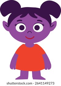 Cartoon monster girl with bright purple skin, dark purple pigtails, and red dress. Cute and happy fantasy character for children’s books, games, or educational projects.