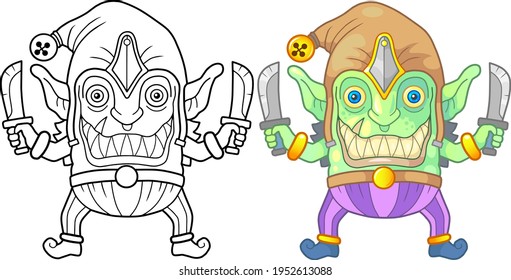 cartoon monster goblin, coloring book, funny illustration