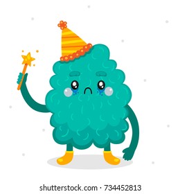 Cartoon monster for Happy birthday’s, sad face, isolated in background, children's illustration for postcards, cards, design, vector.