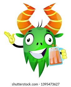 Cartoon monster holding a glass of juice, illustration, vector on white background.
