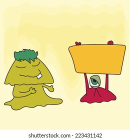 Cartoon of monster holding a yellow board for Halloween concept on shiny yellow background.