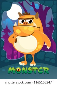 Cartoon monster illustration for poster, greeting card, party or Halloween. Cute orange monster staying in moonlight with forest on background. Vector illustration.