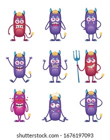 Cartoon monster isolated emoticons set with nine funny characters of violet and red colored smiley monsters vector illustration