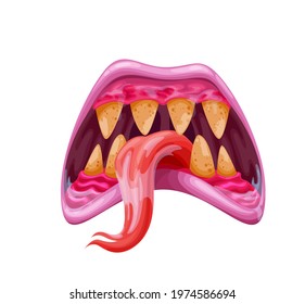 Cartoon monster jaws, mouth, teeth and tongue. Vector fantasy creature, Halloween creepy monster or ghoul maw with dirty yellow teeth, sharp fangs and forked long tongue in saliva