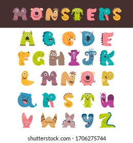 Cartoon monster letter set isolated. Colorful fantasy children English alphabet.
Vector illustration of alphabet creatures from A to Z.