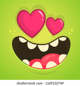 Cartoon Monster In Love with a heart shaped eyes. Monster avatar for St. Valentine's Day. Design for postcard greeting