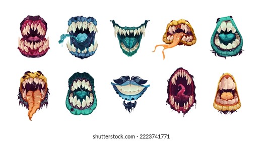 Cartoon monster mouth. Cute scary character expression, fun comic anger and laugh with teeth and tongue. Vector Halloween alien mouths isolate collection. Spooky creature with fangs