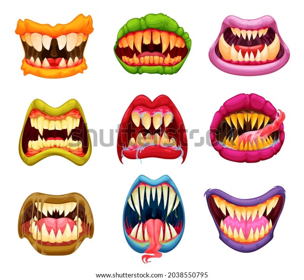 Cartoon monster mouth, teeth and tongue, jaws with\
sharp fangs. Halloween masks with horror creatures, beasts or\
monsters scary maws, scary zombie or ghoul, vampire opened mouth\
with dripping saliva
