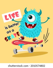 Cartoon monster on the skate isolated on yellow background for t shirt, Kids vector illustration
