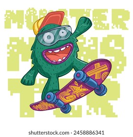 Cartoon monster on skateboard. Pixel text background. Monster skateboarding vector design. Dude character