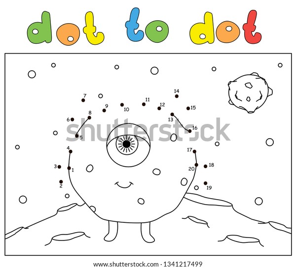 Cartoon monster on the suface of Moon. Dot to dot\
educational game for\
kids