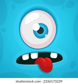 Cartoon monster with one eye face showing tongue. Vector Halloween monster illustration