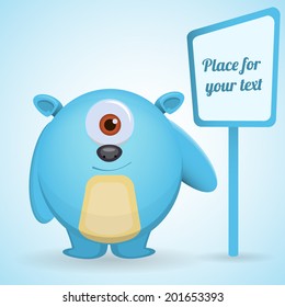 Cartoon monster with one eyes. Blue monster for animate, comic, art brochure, flyer. Cartoon monster