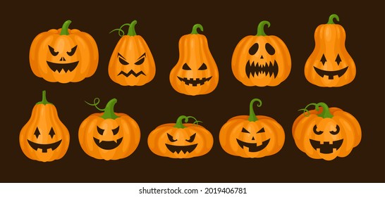 Cartoon monster orange pumpkins, jack lantern for Halloween party greeting card, spooky creepy facial smiles on carved squash isolated. Pumpkin Helloween scary faces set vector illustration.