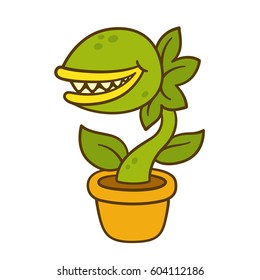 Cartoon Monster Plant Drawing. Evil Carnivorous Plant With Teeth In Flower Pot. Vector Illustration.