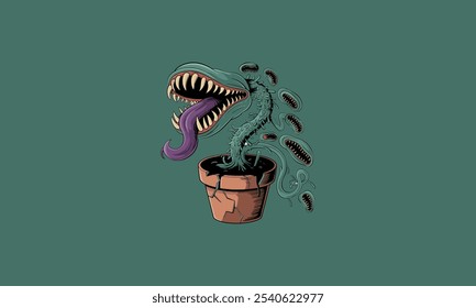 Cartoon monster plant with sharp teeth in a cracked pot.