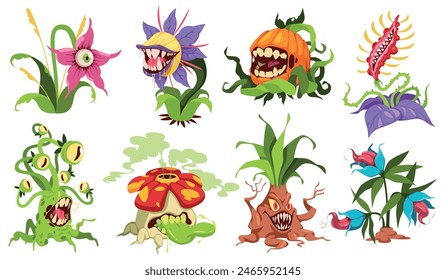 Cartoon monster plants. Carnivore fantastic flora with teeth, eyes, scary flowers, venomous predatory botanical characters, angry ugly creature cartoon flat isolated illustration tidy vector set