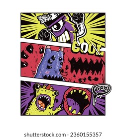 Cartoon monster poster. Comics style print with doodle monster character. Horror print for t shirt design.