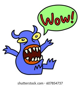 Cartoon monster screaming Wow. Speech Bubble. Vector illustration. Funny cute emoticon character.