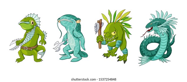 Cartoon monster sea creature characters set. Vector clip art illustration. Hand drawn Elements collection isolated on white. Colorful book page design for kids and children, sticker or game asset