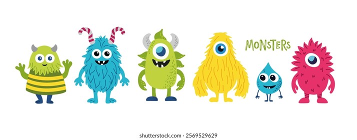 Cartoon monster set. Cute Monster character portraits in color doodle style. Hand drawn flat vector illustration isolated on white background. Spooky characters. Face head colorful silhouette. 