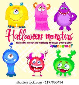 Cartoon monster set. Cute Halloween characters and icons. Cute colorful Halloween characters and icons for print, stickers or party decoration. Monsters designed for highly resizable and printing.