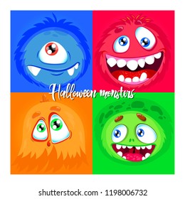 Cartoon monster set. Cute Halloween characters and icons. Cute colorful Halloween characters and icons for print, stickers or party decoration. Monsters designed for highly resizable and printing.