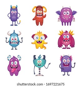 Cartoon monster set with nine isolated characters on blank background with funny doodle style emoticon beasts vector illustration