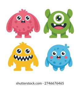 Cartoon monster set with pink fluff, green cyclops, yellow toothy beast and blue swimmer, characters for sticker packs and posters
