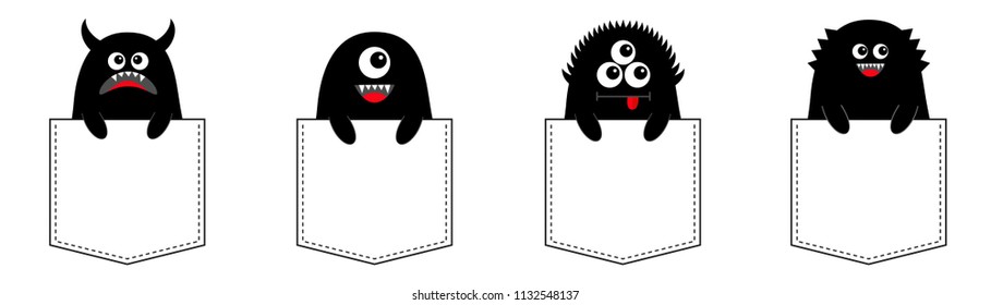 Cartoon monster set sitting in the pocket. Black silhouette. Cute scary funny character. Happy Halloween. Baby collection. T-shirt design. White background. Flat design. Vector illustration