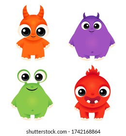 Cartoon monster set, vector cute creatures isolated on white
