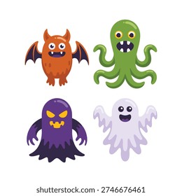 Cartoon monster set with winged imp, green octopus, purple ghost and spirit, halloween stickers for kids crafts and parties