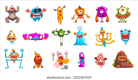 Cartoon Monster with Spooky Muzzle with Teeth and Bulging Eye Big Vector Set