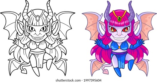 cartoon monster succubus, coloring page, funny illustration