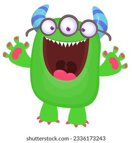 Cartoon monster with three eyes and funny expression. Vector Halloween monster illustration