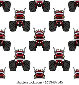 Cartoon monster tracks isolated on white background. Off-road jeep. Seamless pattern. Front view. Vector hand drawing. Texture.